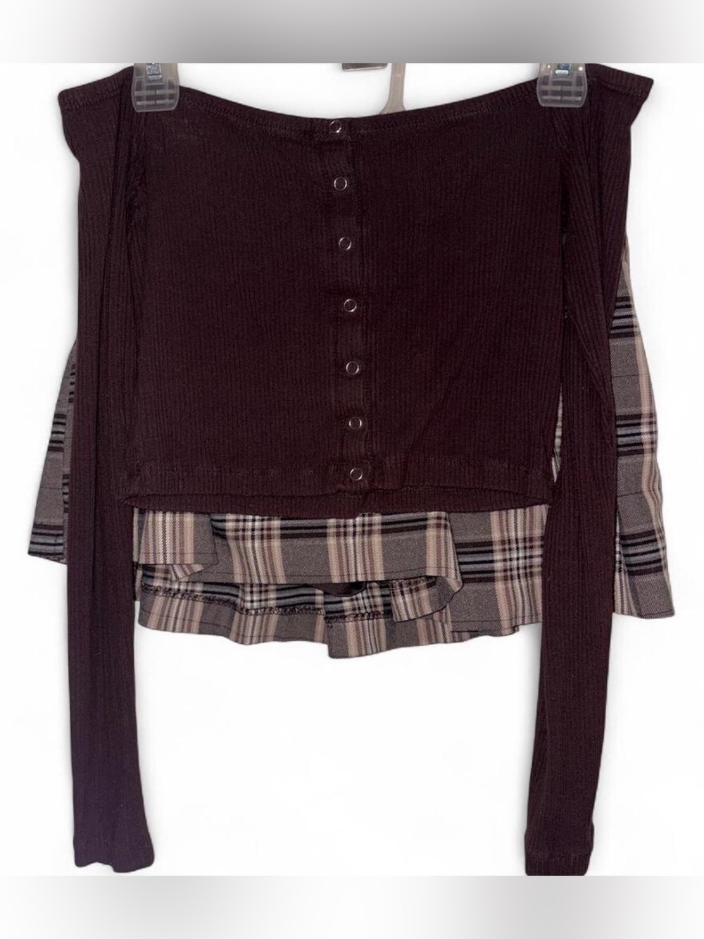 Garage Brown Off The Shoulder Crop Top and Brown Plaid Pleated Skirt Set